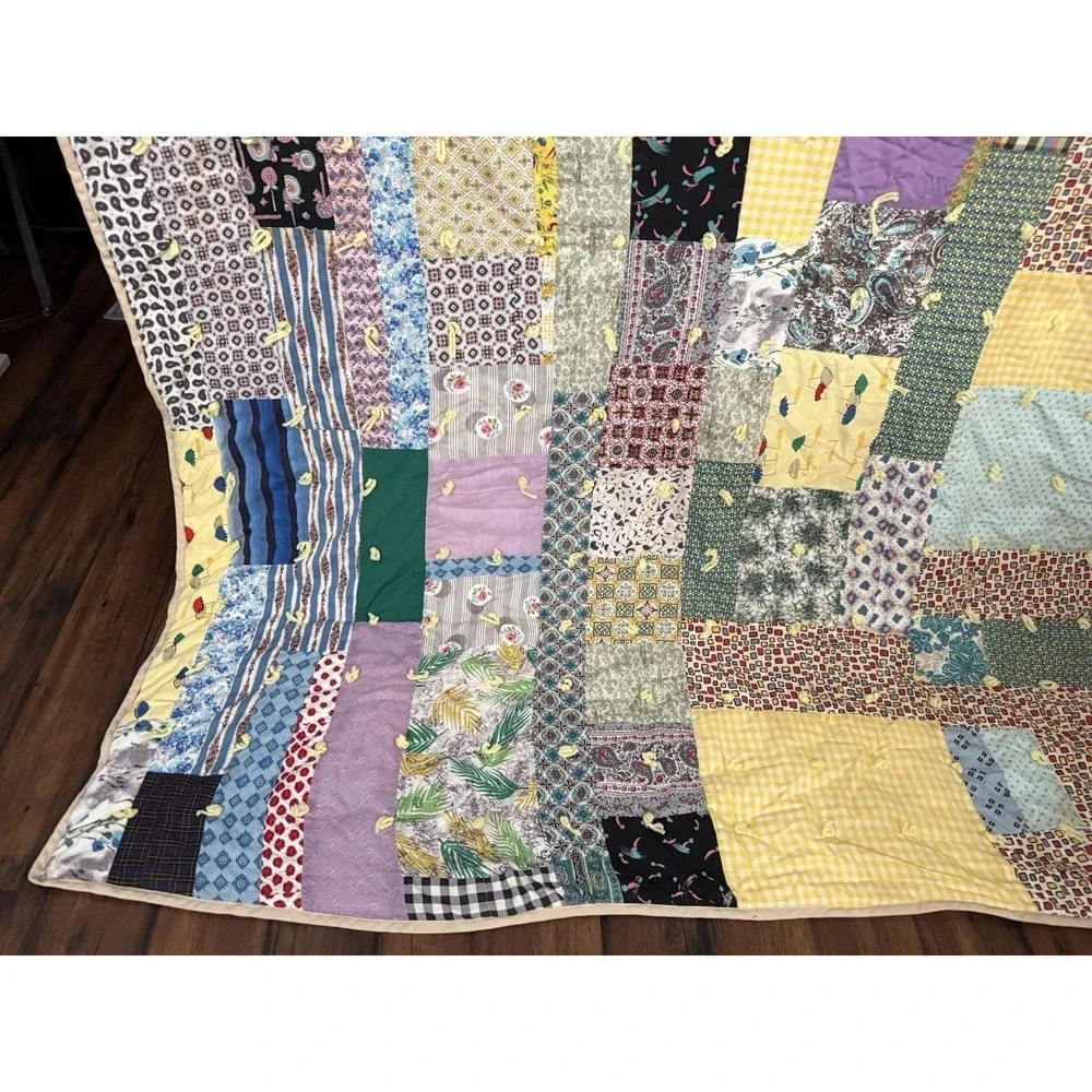 VTG Hand-Made Patchwork‎ Quilt Yarn Tied 64x80 Farmhouse Chickens Cottagecore
